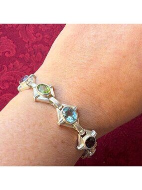 Vintage Sterling Silver Deco Geometric Bracelet Amethyst Topaz Garnet Citrine